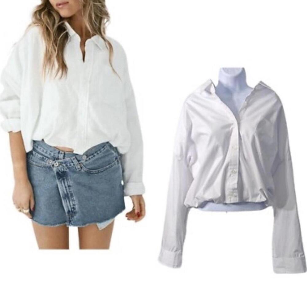PARKE White Bubble Down Cropped Blouson Poplin Shirt